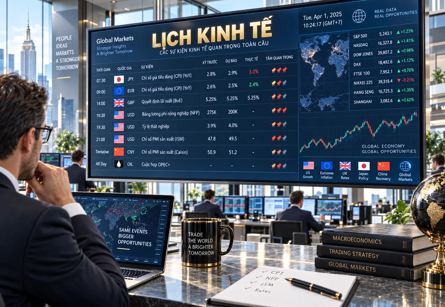 Bàn làm việc trader chuyên nghiệp theo dõi màn hình Lịch Kinh Tế Toàn Cầu Realtime