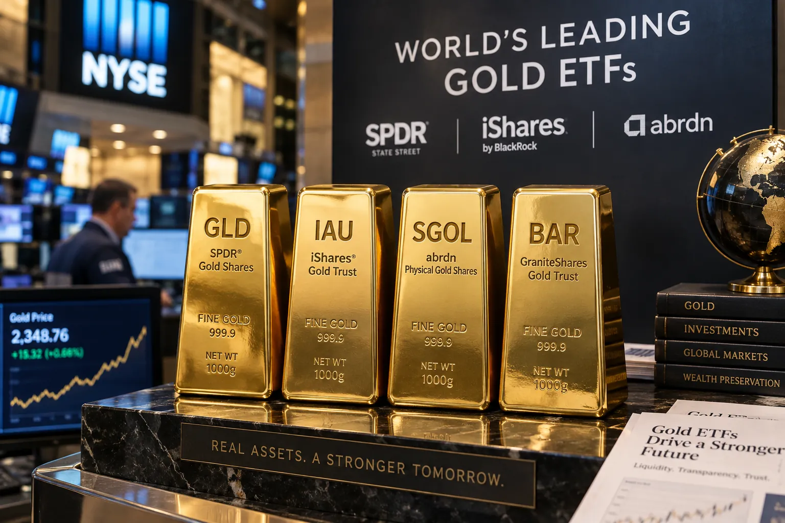 Các quỹ ETF Vàng hàng đầu thế giới (SPDR GLD, iShares IAU, SGOL, BAR) và vàng thỏi 999.9 tại NYSE