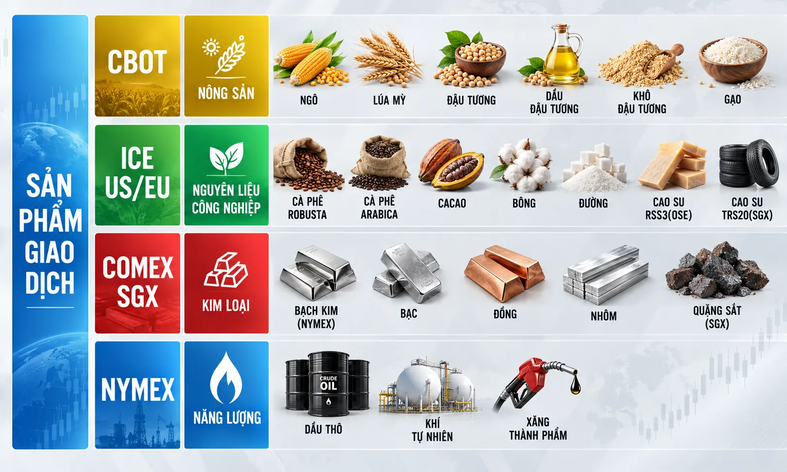 Bảng ma trận phân loại hàng hóa quốc tế: Nông sản, Nguyên liệu, Kim loại & Năng lượng